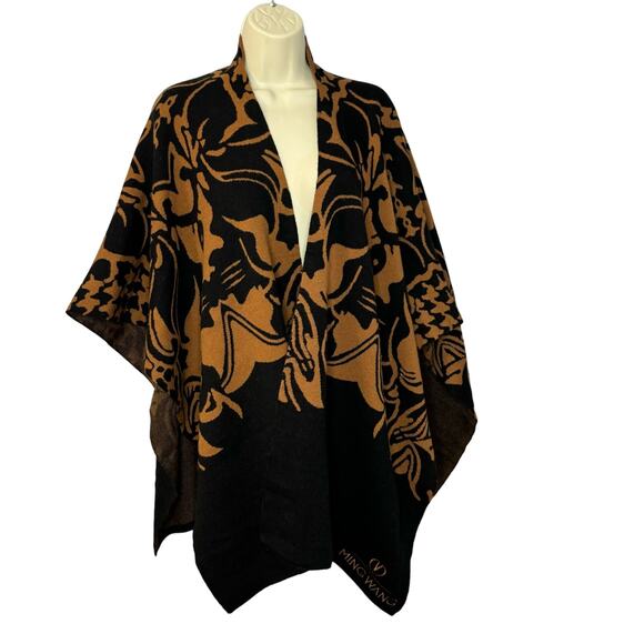 Ming Wang Knit Poncho Cape Wrap Rust Brown Black Printed Hope Wrap O/S New - Picture 2 of 15